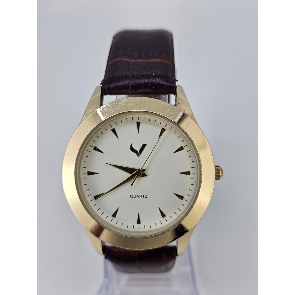 Women's Analog Watch 40MM Cream Dial Brown Faux Leather Bands NEW Battery